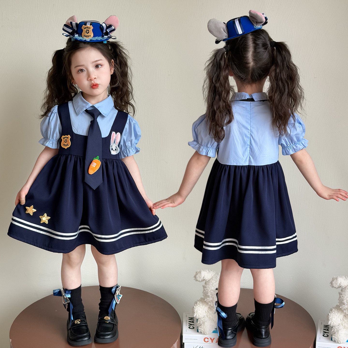 女童疯狂动物城朱迪连衣裙演出服夏季女童兔子警官cos服装假两件