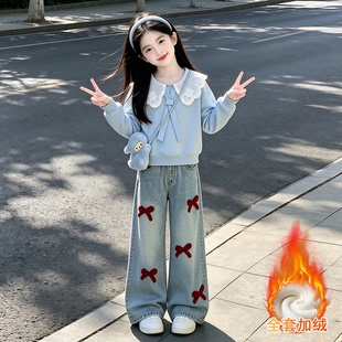 女童加绒卫衣牛仔裤套装秋冬新款儿童韩版洋气上衣直筒裤子两件套