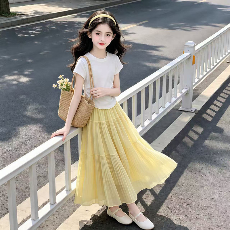 女童T恤夏季新款韩版女孩短袖裙子两件套中大童套装裙长裙子童装