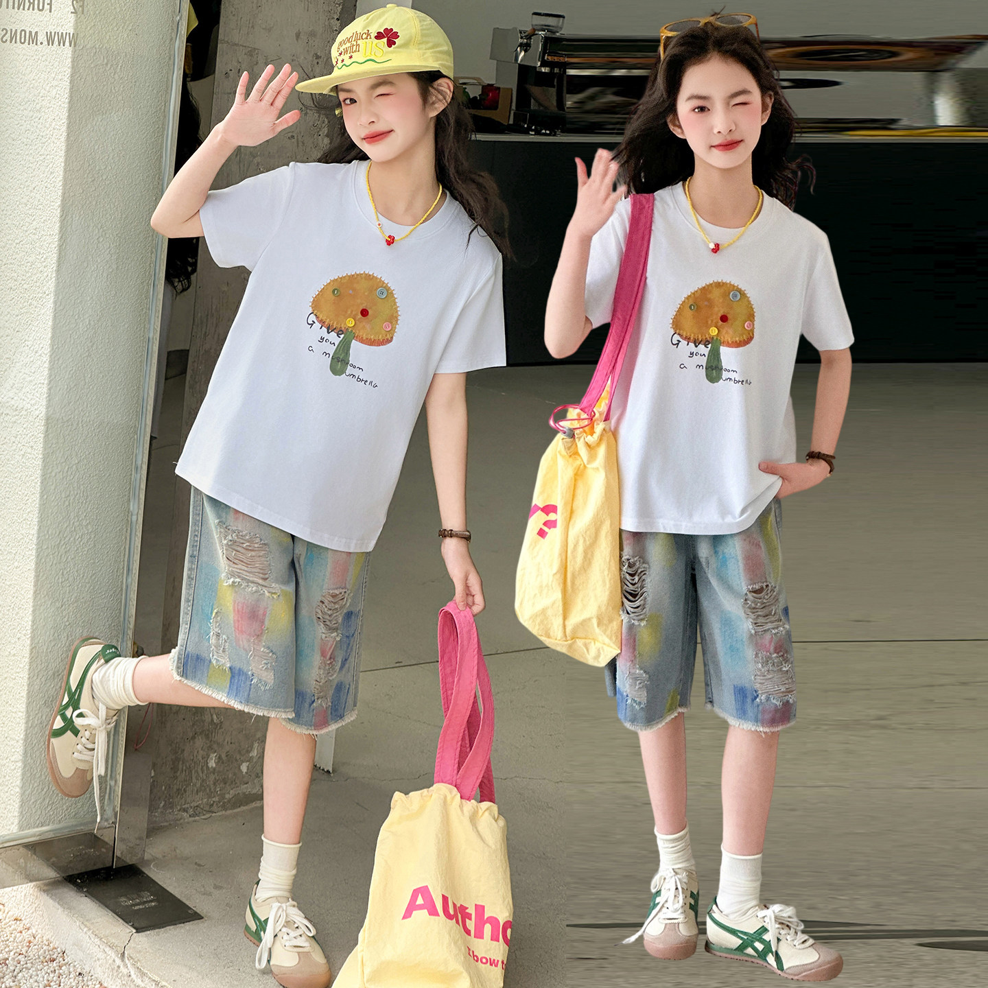 女童T恤夏季新款韩版女孩短袖短裤两件套中大童牛仔热裤套装童装