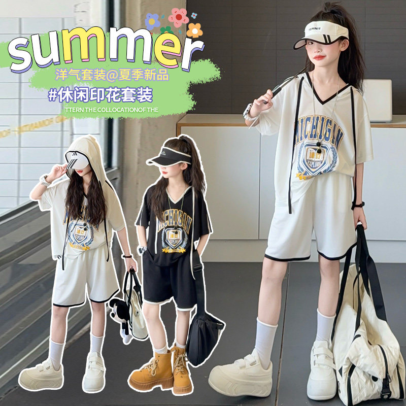 女童T恤夏季新款韩版女孩短袖短裤两件套中大童连帽上衣套装童装