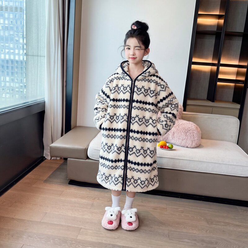 女童加绒保暖睡裙秋季新款儿童加厚家居服睡袍女孩长款睡衣童装潮