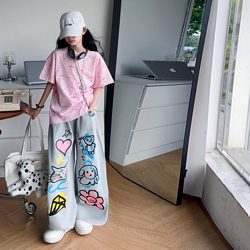女童短袖套装夏季韩版女孩上衣涂鸦牛仔裤子两件套休闲童装衣服