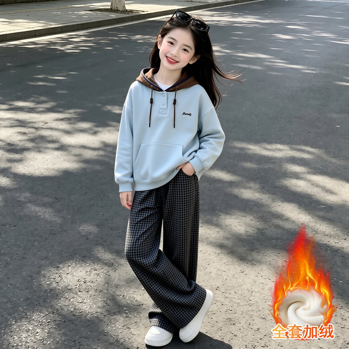 女童加绒卫衣牛仔裤套装秋冬新款儿童韩版洋气上衣直筒裤子两件套