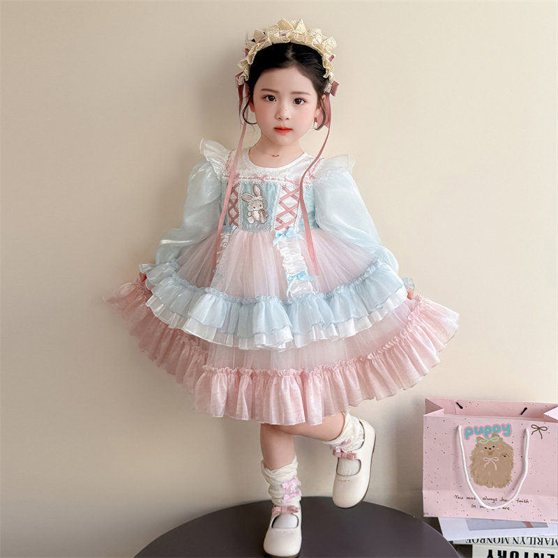 女孩春装洛丽塔纱纱裙粉蓝色兔子裙子女童蓬蓬裙春季演出礼服裙