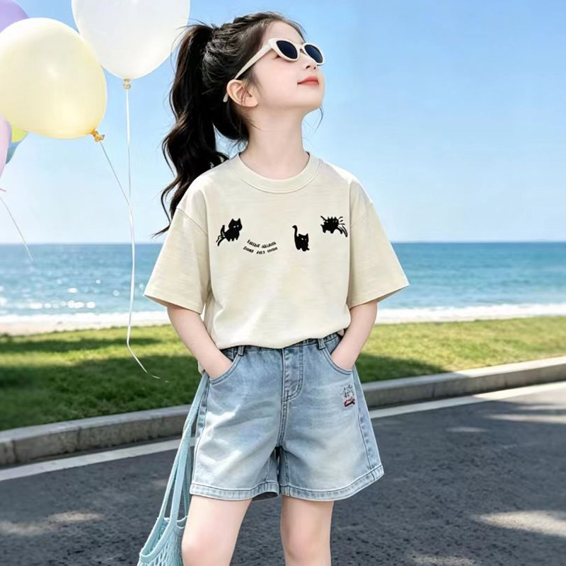 女童T恤夏季新款韩版女孩短袖短裤两件套中大童牛仔热裤套装童装