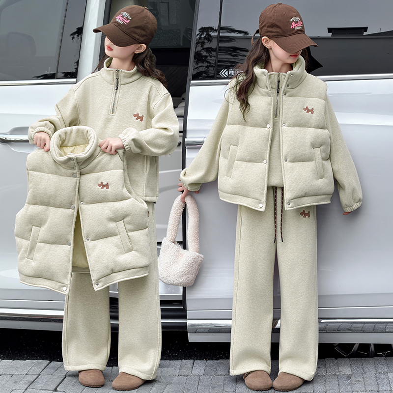 女童加绒运动马甲套装秋冬新款女孩加厚卫裤三件套韩版休闲童装