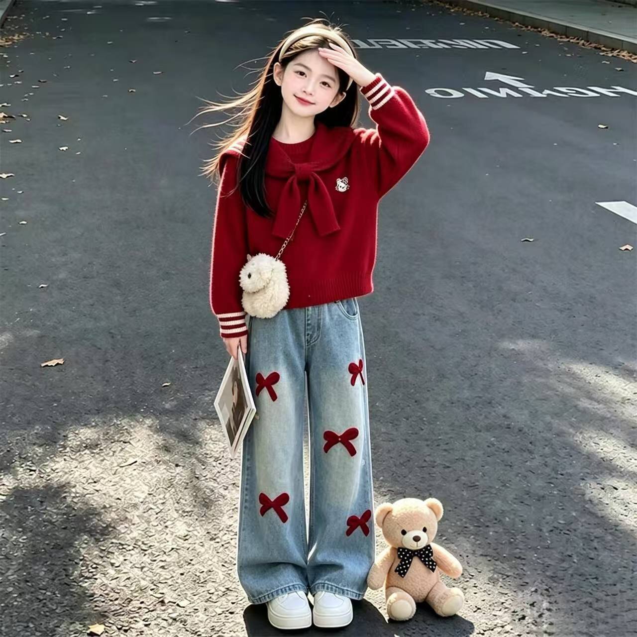 女童红色毛衣牛仔裤套装秋冬新款儿童韩版针织衫裤子两件套初秋装
