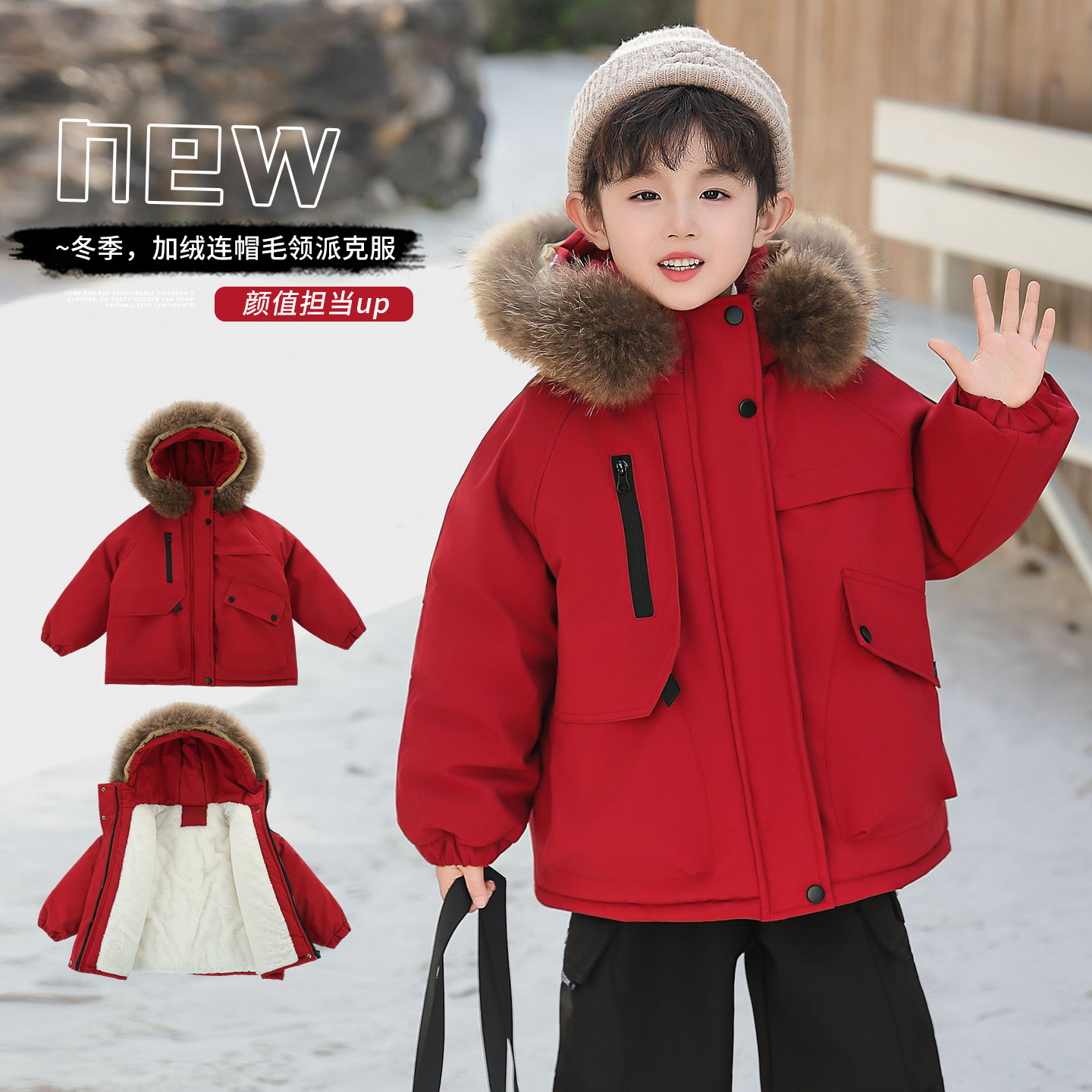 男女童棉服冬季新款儿童年服派克服加绒加厚新年棉衣大毛领棉袄