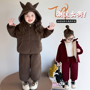 女童运动服套装冬季新款女孩加绒加厚韩版休闲两件套宝宝棉衣棉裤