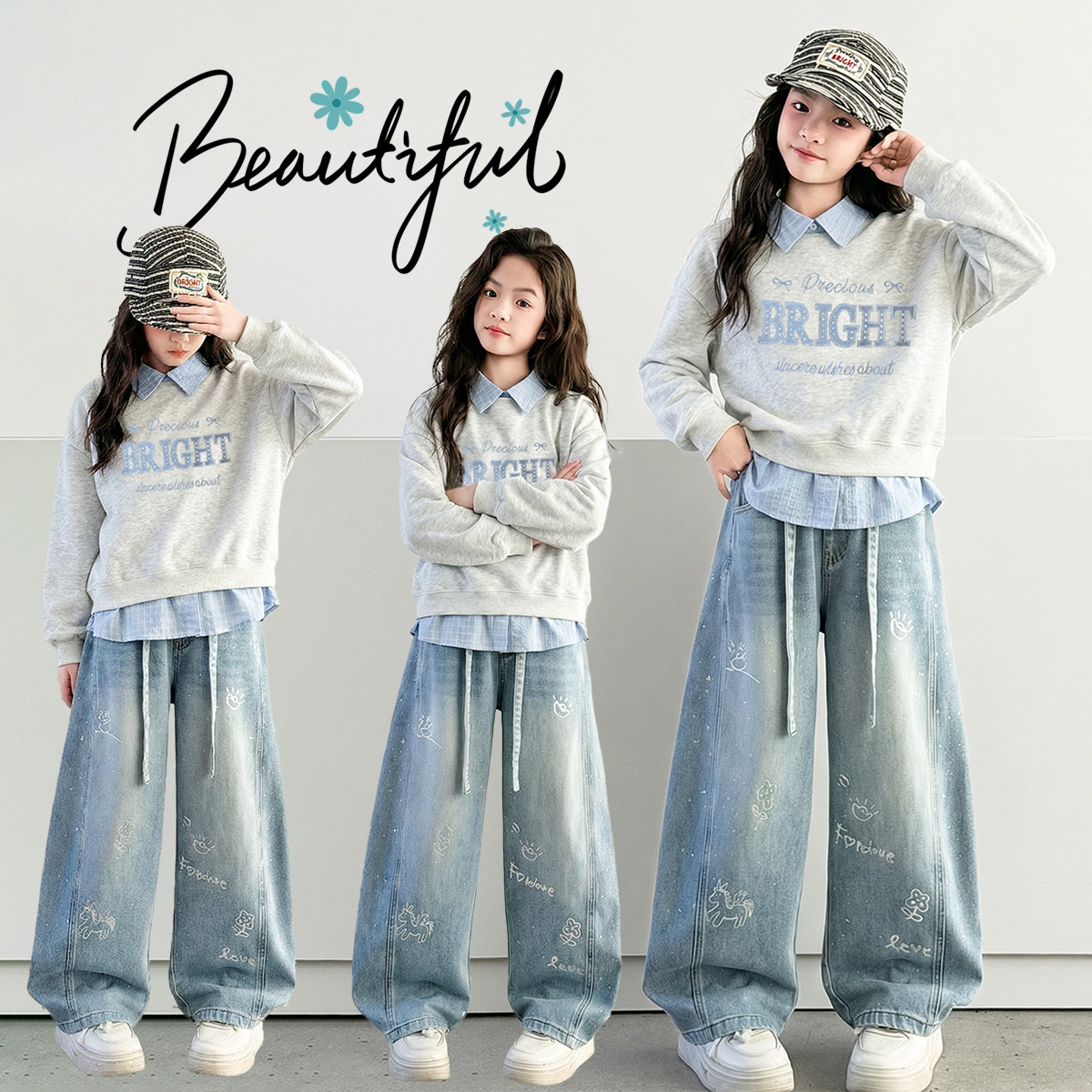 女童卫衣牛仔裤套装春季儿童POLO衫上衣两件套女孩阔腿裤休闲衣服