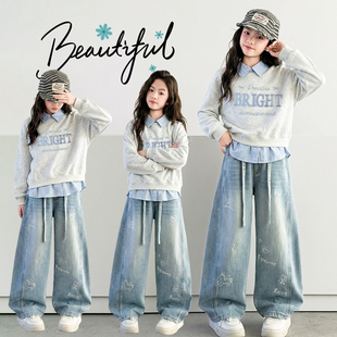 女童卫衣牛仔裤套装春季儿童POLO衫上衣两件套女孩阔腿裤休闲衣服