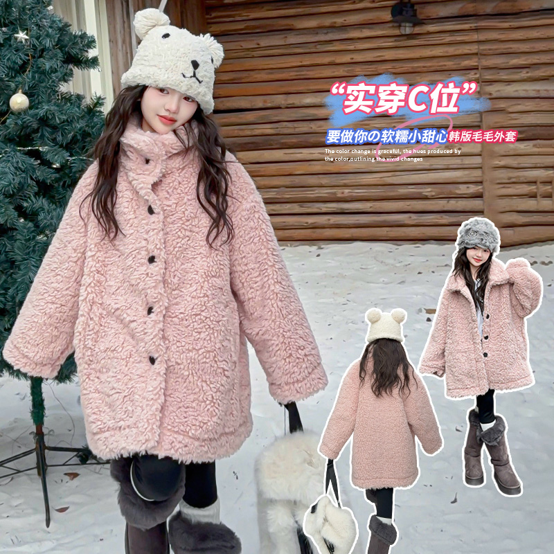 女童羊羔绒外套冬季新款儿童中长款毛毛衣女孩棉袄皮毛一体冬装
