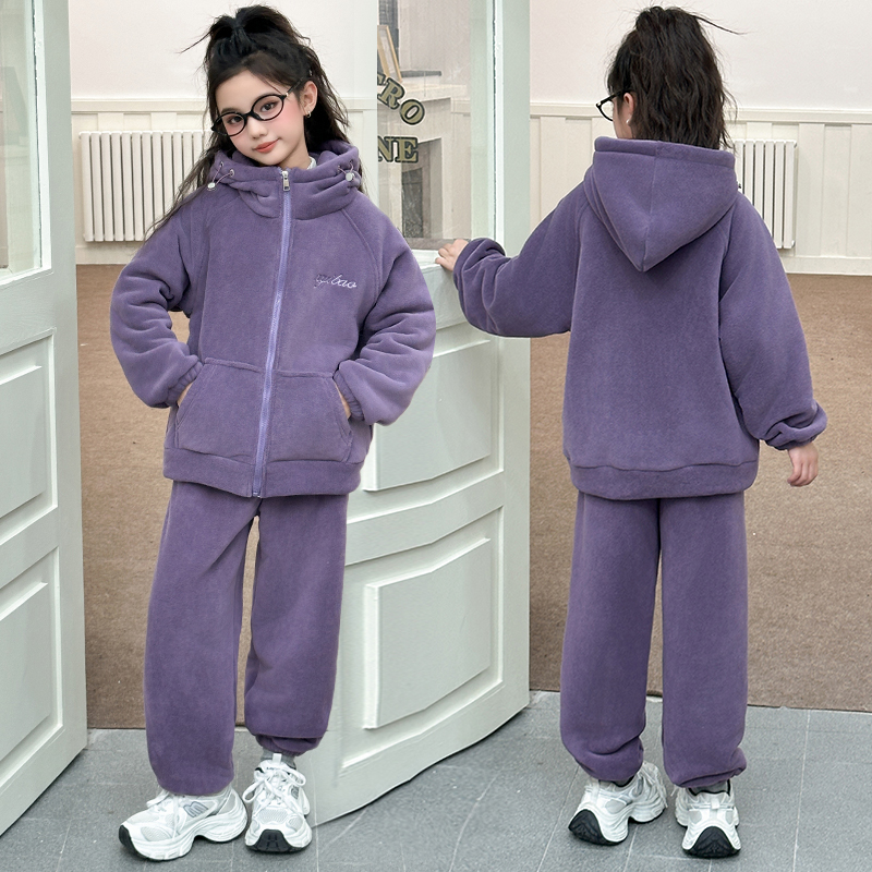 女童毛衣套装冬季新款儿童韩版加绒加厚两件套中小童运动套装冬装