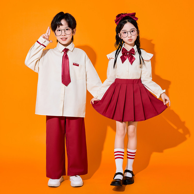 小学生红色校服班服幼儿园园服元旦诗歌朗诵表演服学院风衬衫礼服