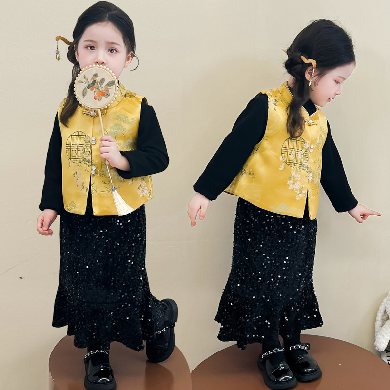 女童新中式拜年2025冬季新款女孩中国风长裙三件套女大童年服童装