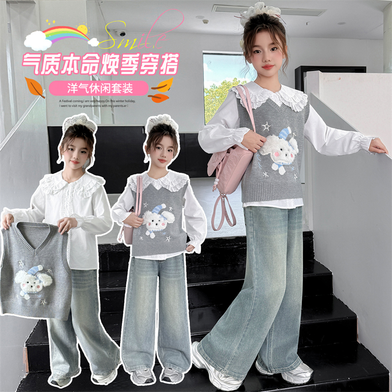 女童套装秋季新款儿童马甲衬衫裤子三件套中大童女孩韩版休闲童装