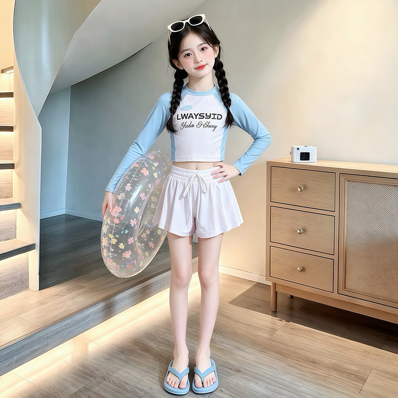 女童分体泳衣套装夏季儿童长袖防晒速干游泳衣女孩泡温泉两件套潮