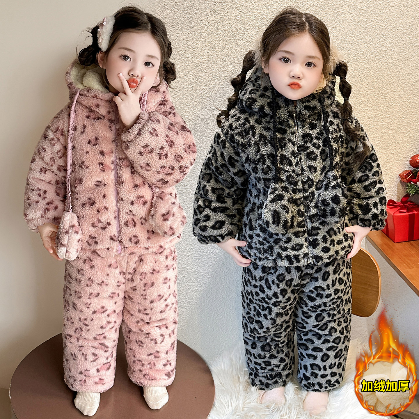 女童运动服套装冬季新款女孩加绒加厚韩版休闲两件套宝宝豹纹棉衣