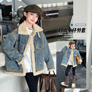 女童冬季棉服2024新款女孩加绒加厚派克服儿童牛仔外套童装棉袄潮