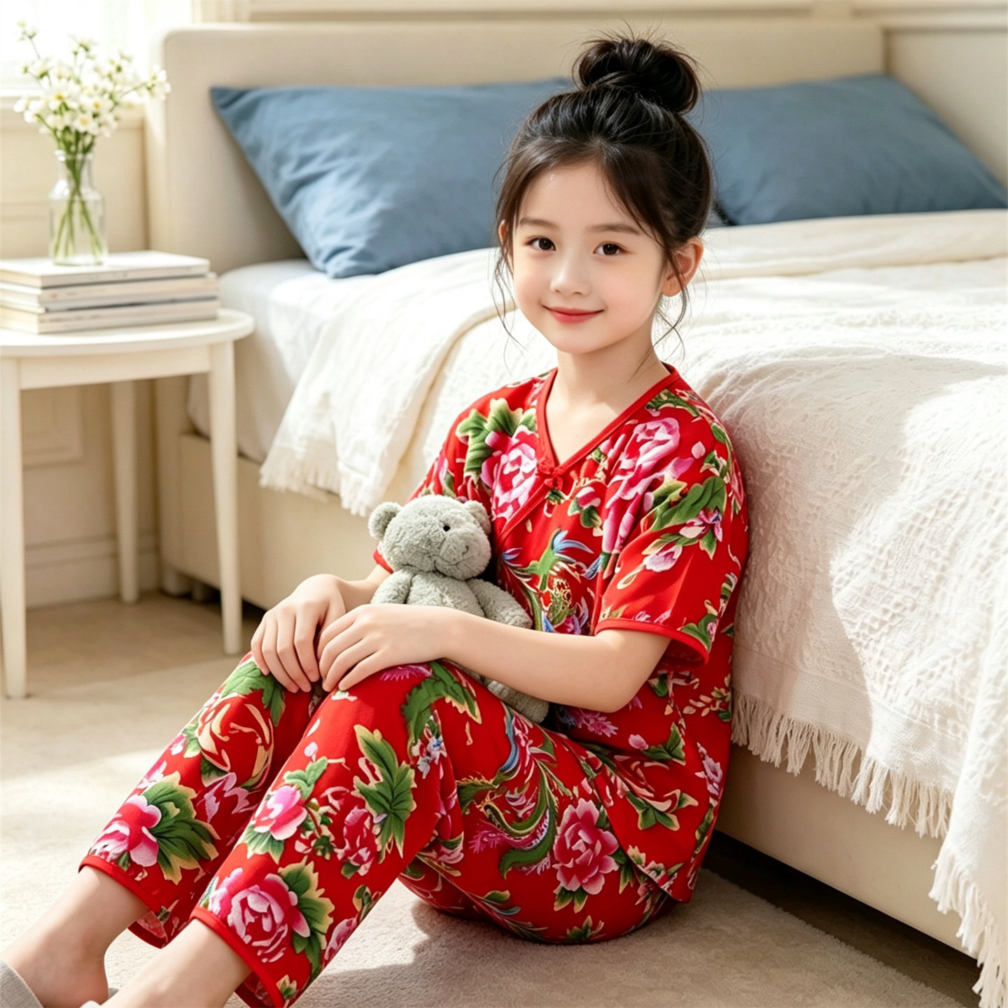 女童短袖睡衣春秋新款儿童棉稠家居服套装东北大花休闲两件套衣服