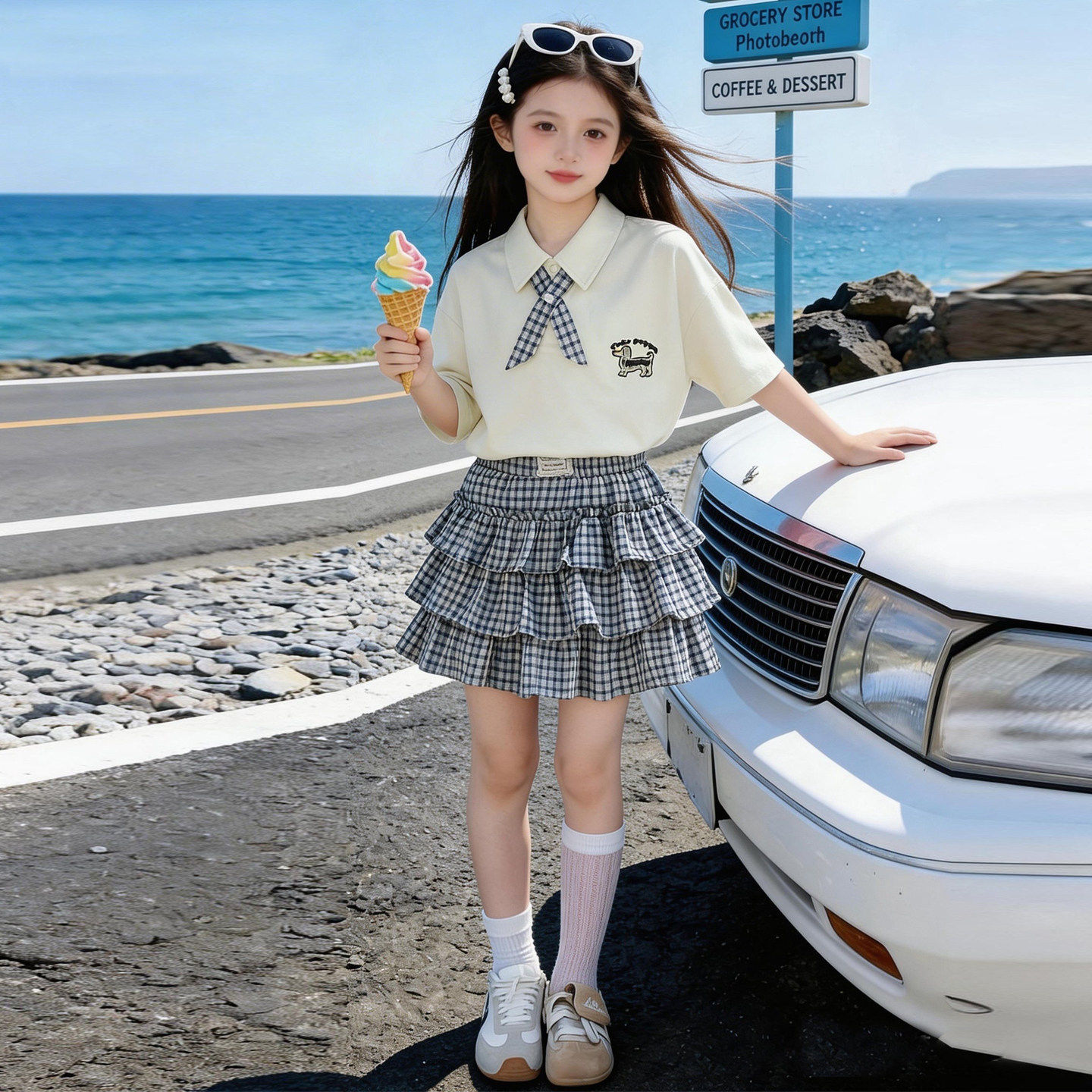 女童短袖套装夏季新款女孩T恤裙子两件套中大童学院风POLO领套装