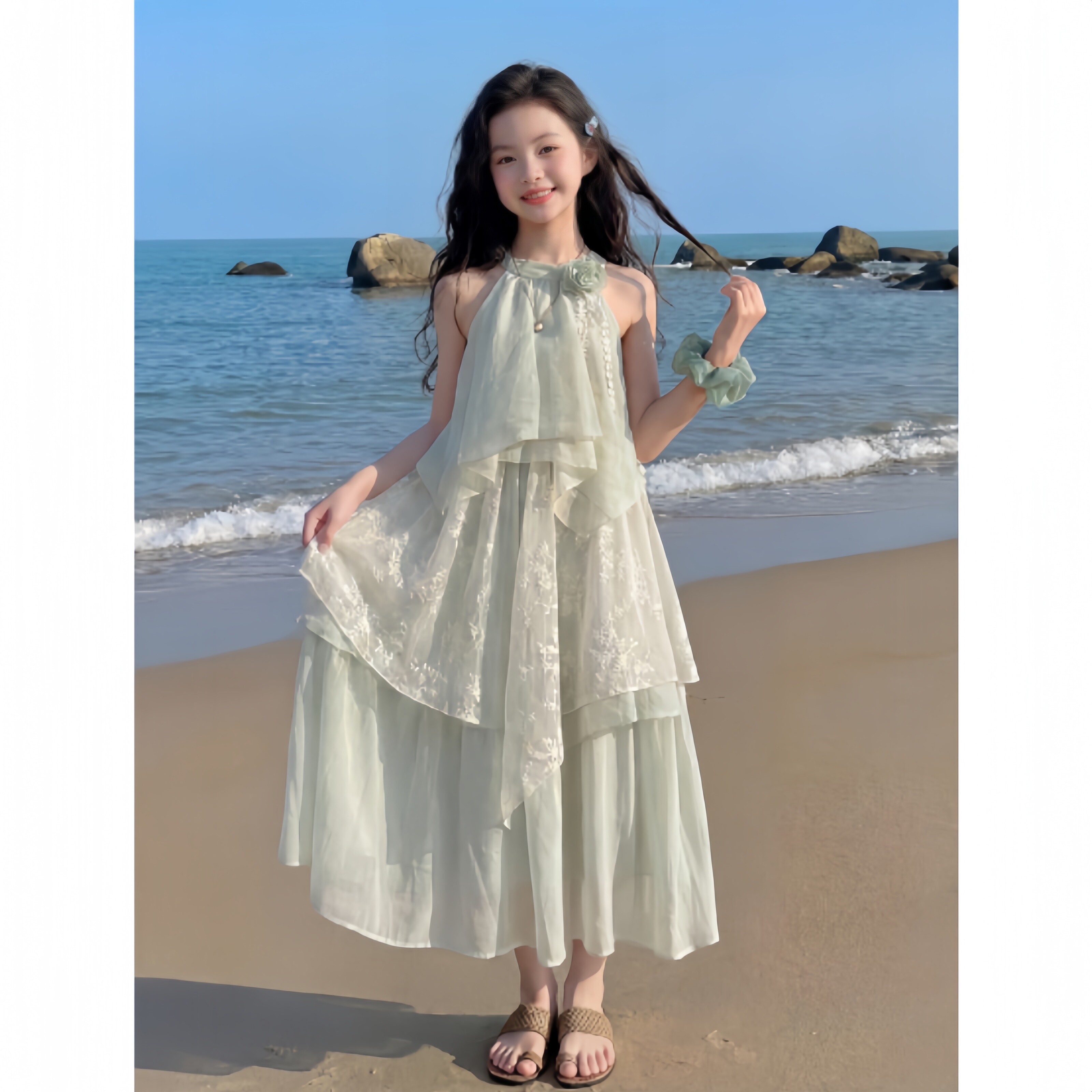 女童挂脖连衣裙夏季新款女孩吊带公主裙长裙大童度假风裙子沙滩裙