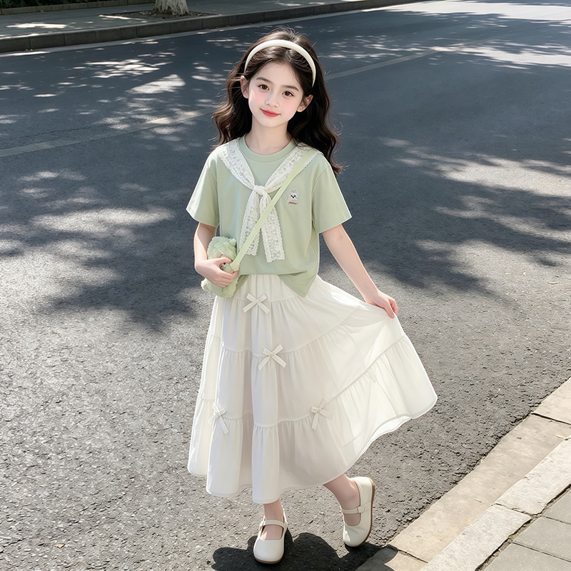 女童T恤夏季新款韩版女孩短袖裙子两件套中大童套装裙长裙子童装