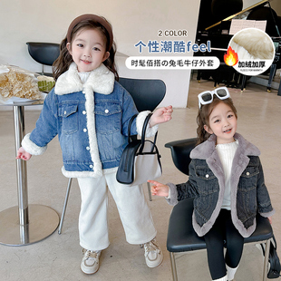 女童冬季棉服2024新款女孩加绒加厚派克服儿童牛仔外套童装棉袄潮