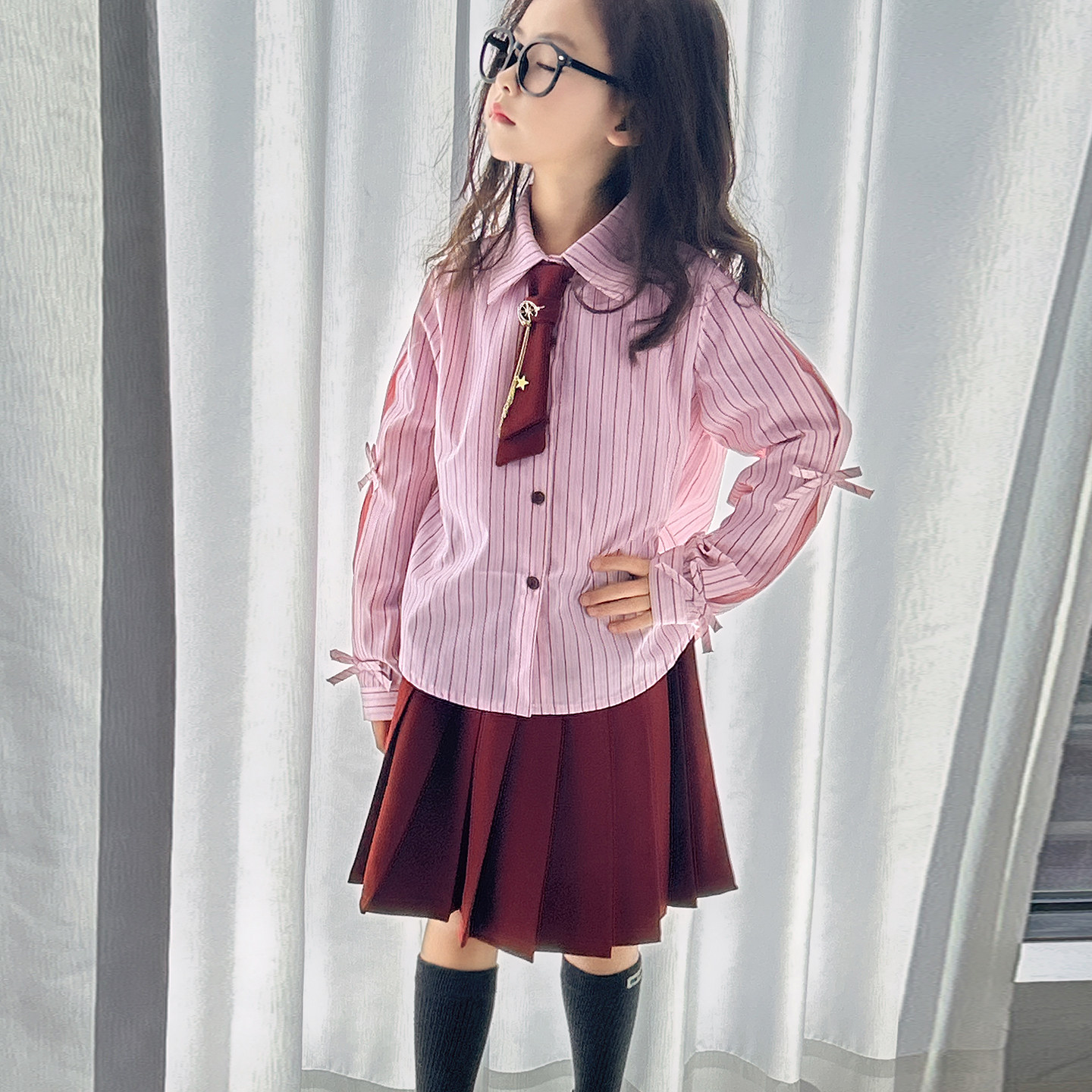 女童园服校服学院风演出服春秋儿童jk衬衫亮丝马甲衬衫裙子三件套