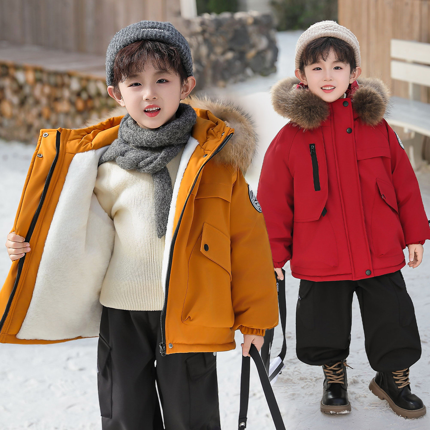 男女童棉服冬季新款儿童年服派克服加绒加厚新年棉衣大毛领棉袄