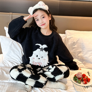 女童睡衣冬季新款儿童加厚家居服女孩法兰绒保暖套装可外穿童装潮