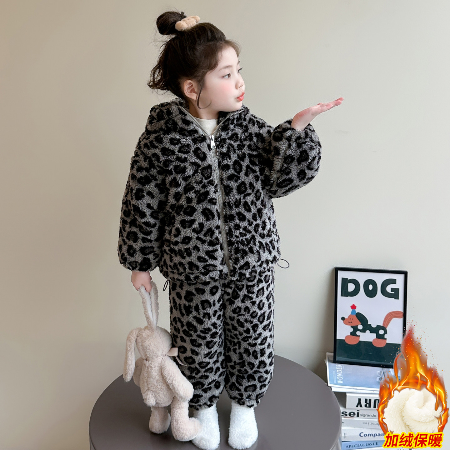 男女童三层加厚套装冬季新款女孩加绒加棉碎花休闲两件套宝宝棉衣