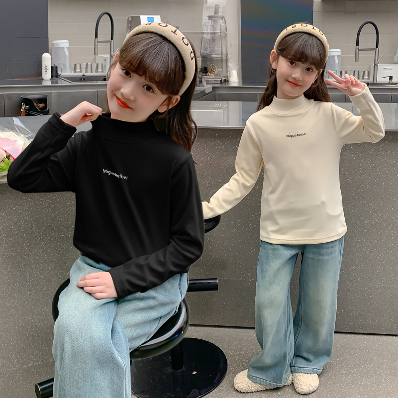 女童德绒打底衫女孩秋冬内搭半高领加绒秋衣男宝宝双面绒上衣童装