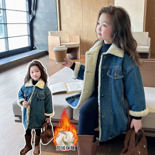 女童冬季棉服2024新款女孩加绒加厚派克服儿童牛仔外套童装棉袄潮