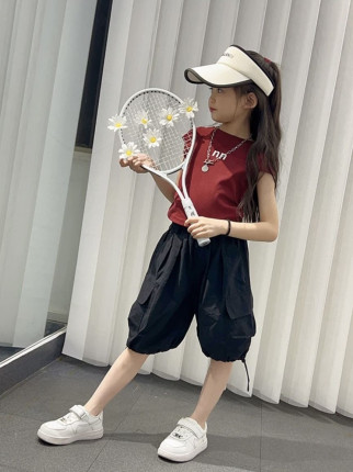 女童夏季网红套装2025新款韩系洋气时髦背心女孩工装七分裤两件套