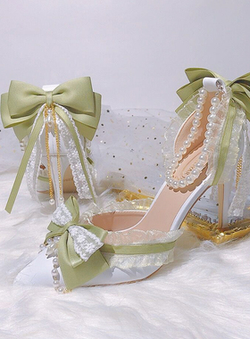 森系洛丽塔花嫁高跟鞋珍珠腕带蕾丝绿色蝴蝶结流苏OL新娘伴娘女鞋