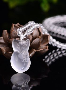 白水晶雕刻狐狸挂坠 创意动物造型抛光工艺品白水晶锁骨吊坠