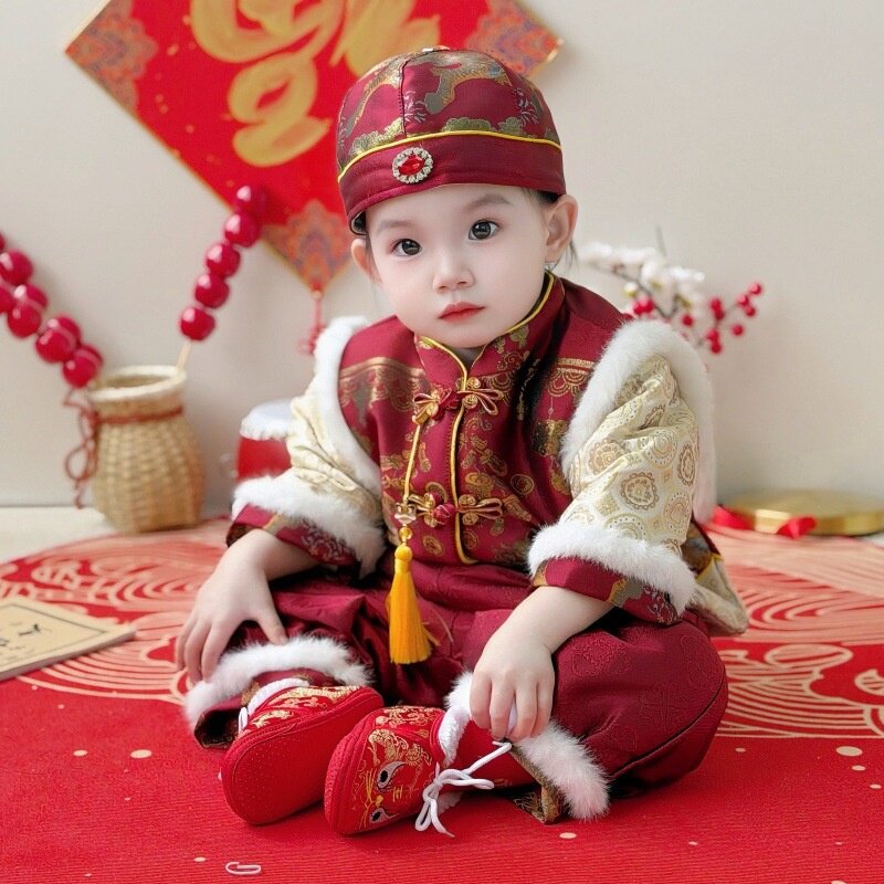 儿童唐装冬男宝宝周岁礼服红色喜庆套装新中式宝宝拜年服加绒加厚