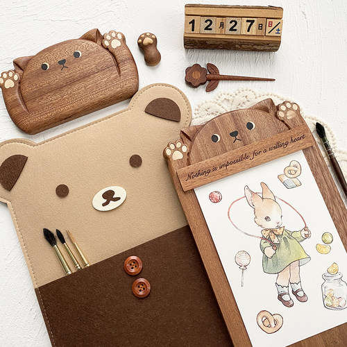 敏小姐胡桃木水彩颜料盒小熊猫咪