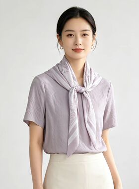 DX7109 新款时尚通勤真丝混纺带丝巾女士短袖上衣
