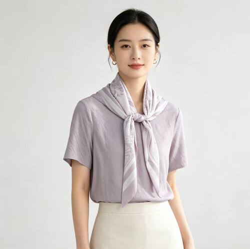 DX7109 新款时尚通勤真丝混纺带丝巾女士短袖上衣