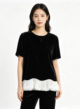 FN502 新款时尚优雅气质真丝丝绒拼接女士短袖上衣