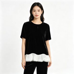 FN502 新款时尚优雅气质真丝丝绒拼接女士短袖上衣
