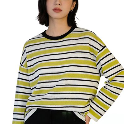 OLT3301 新款时尚圆领条纹棉麻混纺女士上衣