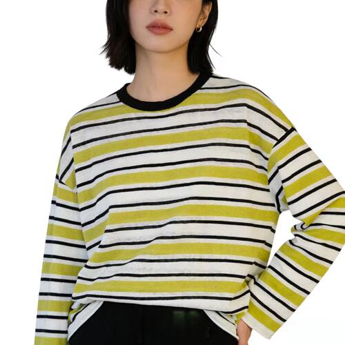 OLT3301 新款时尚圆领条纹棉麻混纺女士上衣