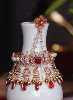 芳菲雪手工汉服异域风戒指手镯一体新娘结婚红色手链首饰