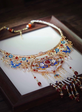 芳菲雪原创手工汉服明制长流苏璎珞珍珠玛瑙多宝复古仿烧蓝项圈饰