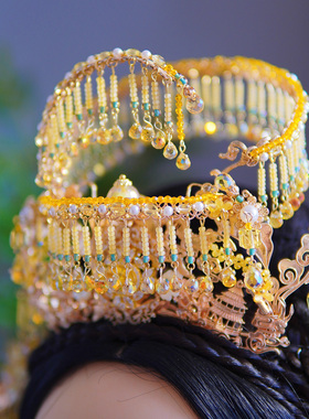 芳菲雪手工原创黄色锆石汉服异域风中秋发冠发钗簪发饰 月下金秋