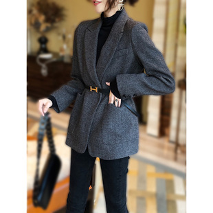 女人好闺蜜人字纹小西服中长款春秋新款毛呢小西装外套